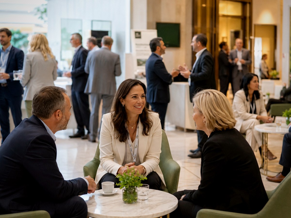 Business professionals discussing event space requirements